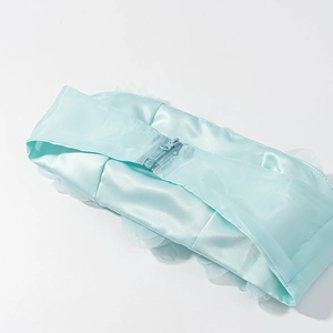 Détail du haut bandeau en satin bleu clair avec fermeture éclair et bordure en tulle