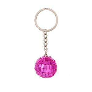 Detailed view of a pink disco ball keychain with silver metallic ring and reflective mirrors