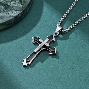 Three-layer floral cross pendant in silver and black stainless steel with small zircons
