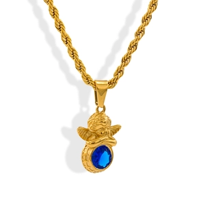 Detailed close-up of golden twisted chain with angel pendant and blue birthstone zircon