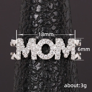 Adjustable silver MOM ring with heart shape and sparkling pavé crystals for mothers