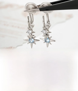 Detail view of silver octagram ear cuff with light blue zircon and white accents