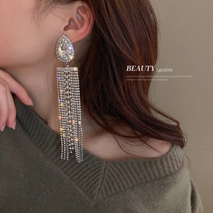 Silver drop earrings with long rhinestone tassels and sparkling crystals for women