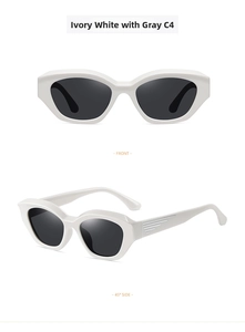 Detail view of ivory white retro sunglasses with full grey lenses and side stripe detail