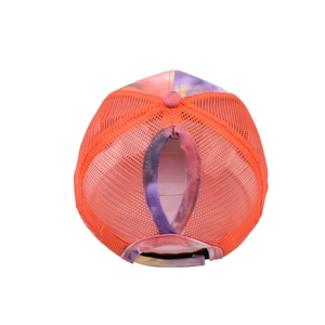 Rear view of tie-dye baseball cap featuring breathable mesh and high ponytail cutout hole