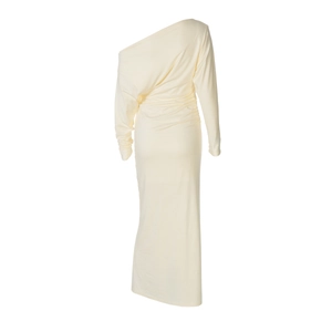 Detail of light yellow one-shoulder dress featuring ruched waist and elastic knit fabric
