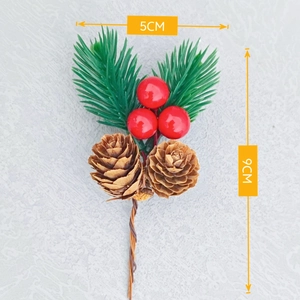 Detail of 9cm mini pine cone and red berry pick with 5cm width size dimensions