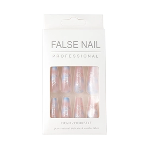 Long ballerina press-on nails with blue pink gradient and silver celestial moon sun motifs