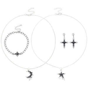 Silver lava irregular moon star pendant necklace and cross earring jewelry set