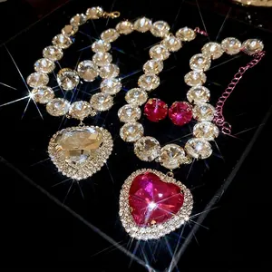 Luxe geometric crystal heart pendant necklaces and pink stud earrings jewelry set