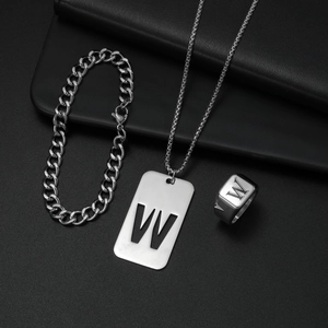 Edelstahl-Set in Silber mit Gliederkette, W-Anhänger und passendem Ring für Herren