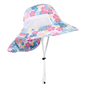 Detailed view of kids sun hat with tropical floral print and breathable mesh panels