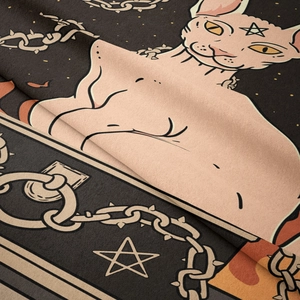 Close-up of the soft brushed texture and gothic sphinx cat print on the wall tapestry