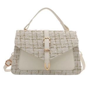 Elegant tweed square crossbody bag for women in cream white with gold weaving and metal buckle