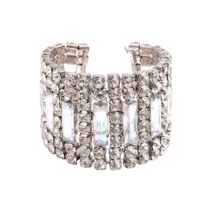 Luxurious silver bracelet featuring multi-row rhinestones and large rectangular crystals