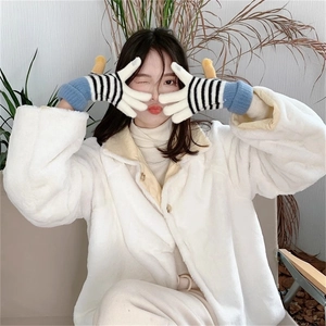 Winter striped knit gloves for women with touch screen fingers and warm fleece lining