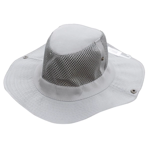 Detail of light grey outdoor sun hat featuring breathable mesh vents and a wide brim