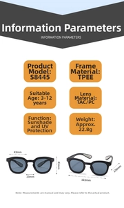 Detailed technical specifications for S8445 kids' sunglasses with precise measurements