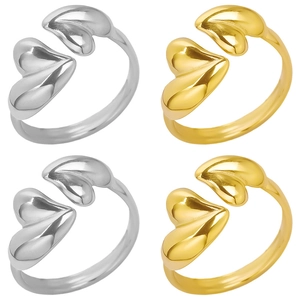 Double Heart Open Ring 304 Stainless Steel 18K Gold Plated Adjustable Polished Minimalist Fashion Jewelry For Women