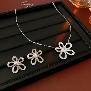 Hollow Flower Copper Cubic Zirconia Necklace And Earrings With Silver Earring Post Fashion For Women
