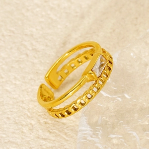 Minimalist double-layered gold stainless steel open ring with zircon stone and chain detail