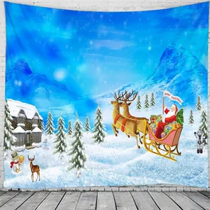 Detail of Christmas tapestry with Santa Claus on sled and snowy mountain landscape