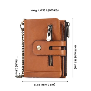 Genuine brown leather wallet for women and men with metal chain and dimensions info