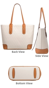 Three-angle views of beige tote bag showing the back, side, and textured bottom base