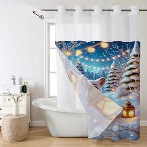 Detail showing waffle print shower curtain with snow scene and silver metal rings