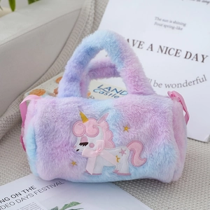 Plush unicorn crossbody bag with pink, purple, and blue tie-dye colors for girls