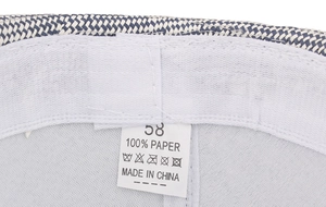 Detail of internal size 58 label and sweatband on woven blue and white paper straw hat