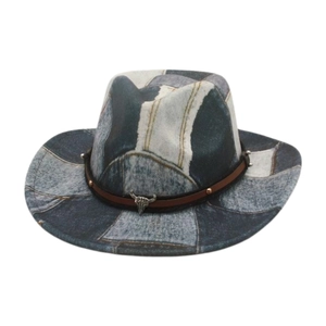 Western Cowboy Hat Denim Patchwork Vintage Jazz Cap With Metal Bull Head Rivets Wide Brim Sun Protection Outdoor Travel