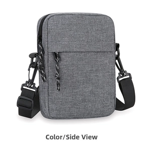 Side view of gray minimalist crossbody bag showing compact design and fabric texture