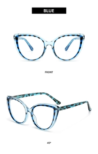 Front and 45-degree angle view of vintage blue cat-eye glasses frames with leopard pattern
