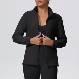 Front view of women's black stand collar fleece sports jacket with full zipper and pockets