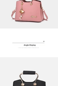 Detail of pink and black lychee texture handbags with gold ring handles and logo