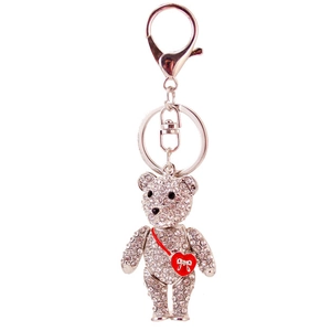 Sparkly silver rhinestone teddy bear keychain with a red heart crossbody bag charm