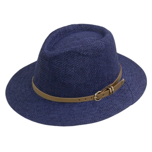 Classic dark blue Panama straw hat with brown leather belt and golden metal buckle