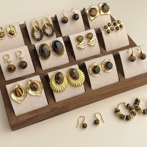 Tiger Eye Stone Earrings Vintage Geometric Round Studs Gold Plated With 925 Sterling Silver Earring Post For Women