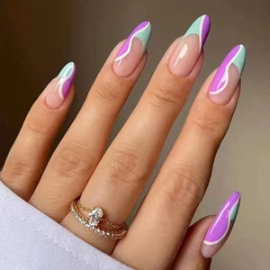Purple Mint Green White Wave Pattern Almond Shape Press On Nails Fashionable Women Daily Wear Reusable Artificial Fingernails