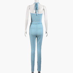 Back view of a striped halter top and high-waisted pants set on a mannequin