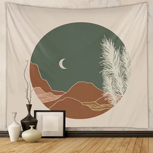 Bohemian Wall Tapestry Abstract Landscape Mountain Moon Circular Art Polyester Minimalist Room Decor Hanging Cloth