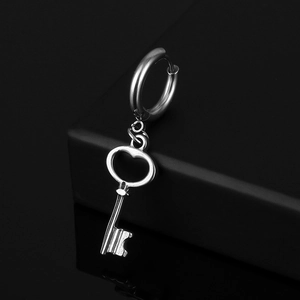 Minimalist silver stainless steel hoop earrings with hollow heart key pendant charms