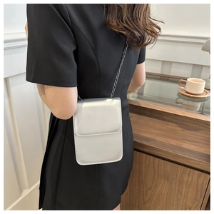 Matte silver mini crossbody phone bag with fine chain strap shown on a model