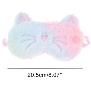 Detailed view of plush cat sleep mask in gradient pink and blue with size 20.5cm scale