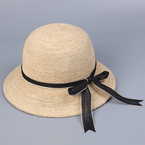 Women Elegant Raffia Straw Bucket Hat Foldable Wide Brim Sun Protection Summer Vacation Beach French Style Bow Ribbon