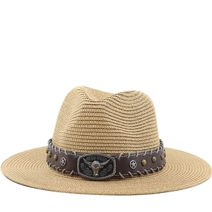 Western Retro Straw Cowboy Hat With Bull Head Metal Buckle Leather Band Wide Brim Breathable Sun Protection Men Women