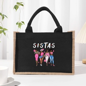 Black cotton canvas tote bag with Sistas print and African women illustration