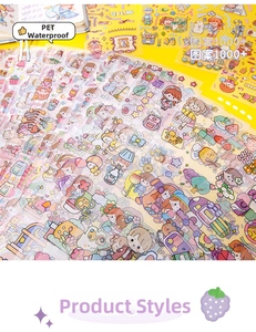 Flat lay of colorful PET waterproof stickers featuring cute cartoon girl characters