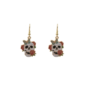 Gothic skull earrings with red roses and golden butterflies in vintage rock style